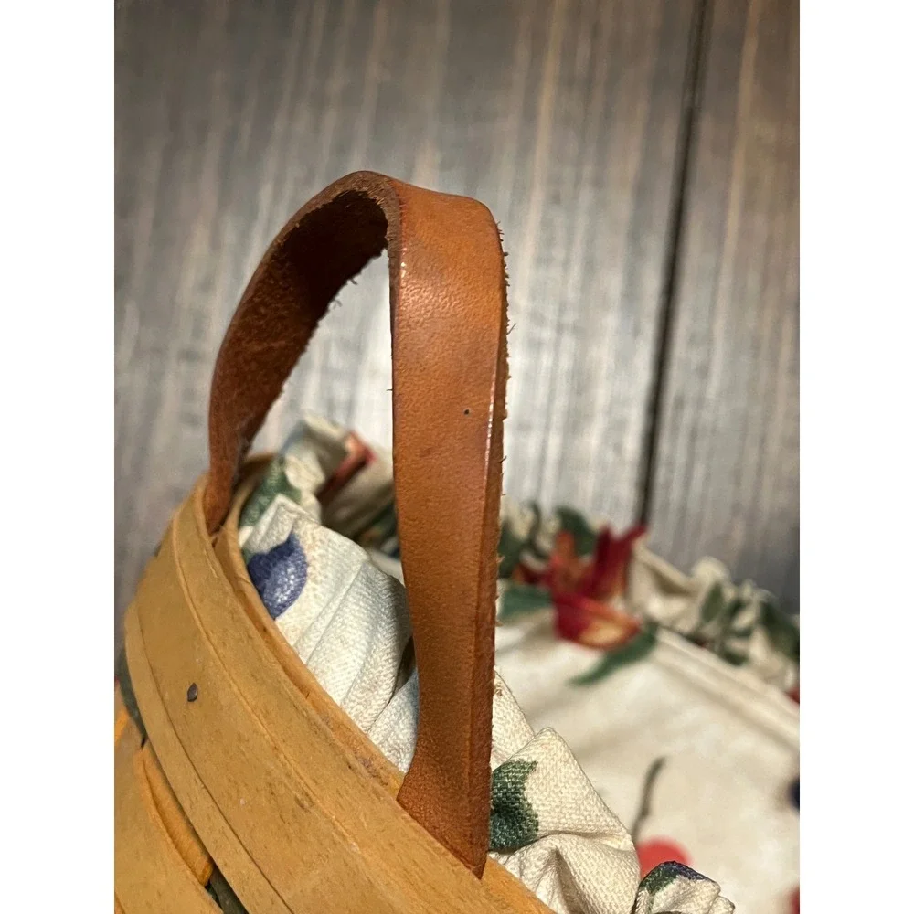 Longaberger Woven Round Basket with Leather Handles and Fruit Pattern Liner